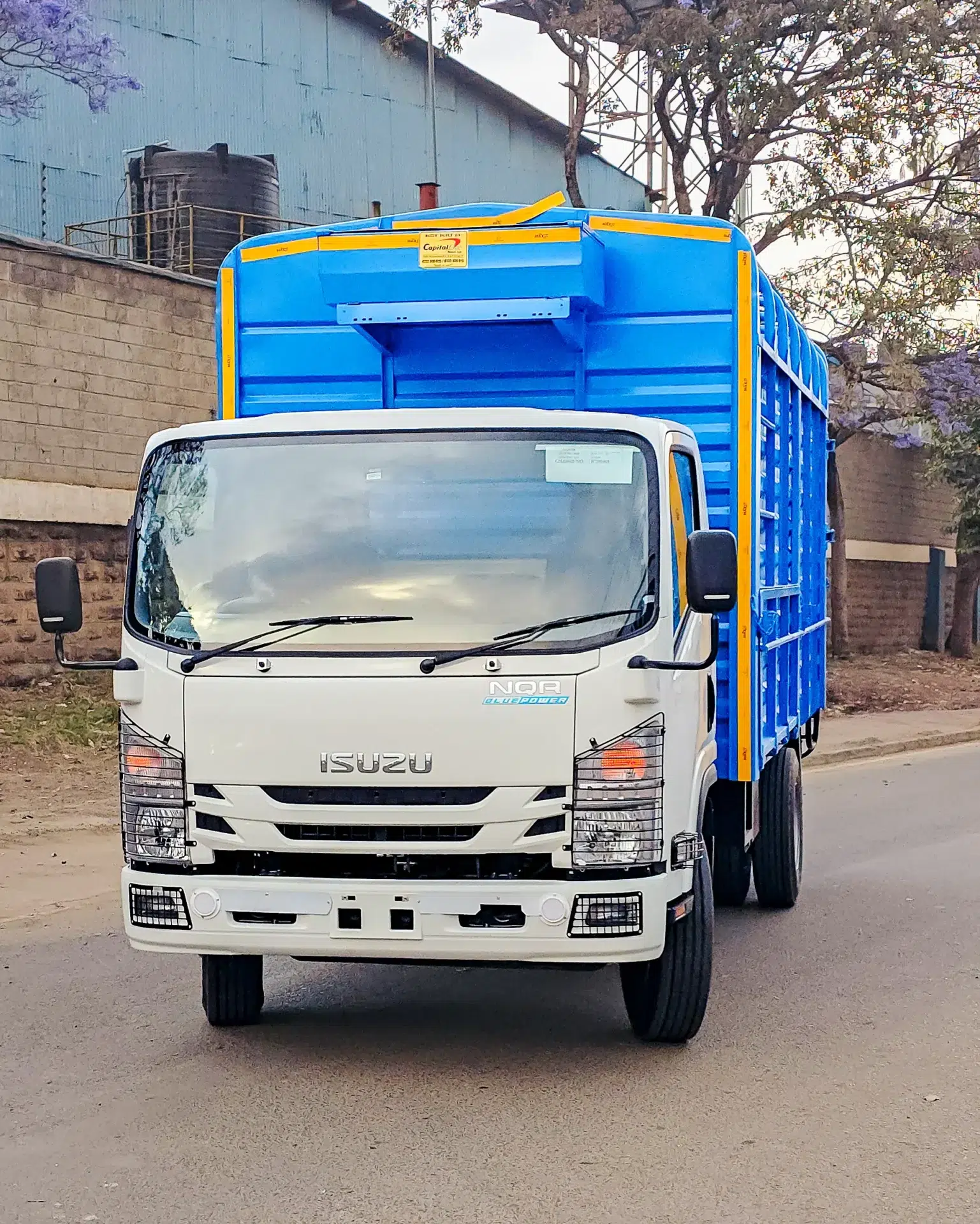 Angle view of a new Isuzu NQR 81 Bluepower truck featuring a custom green cargo body.